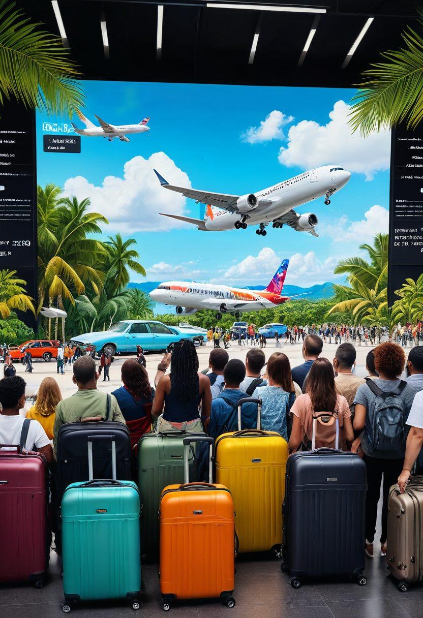A vibrant travel scene featuring a diverse group of people at an airport, joyfully planning their adventures in front of a large digital flight board. Include elements like suitcases, passports, and maps, symbolizing the journey from flight reservations to exciting excursions. Add a backdrop of an airplane taking off and tropical landscapes in the distance. Use bright colors and a dynamic composition to capture the excitement of travel. super-realistic. vibrant colors. 3D.
