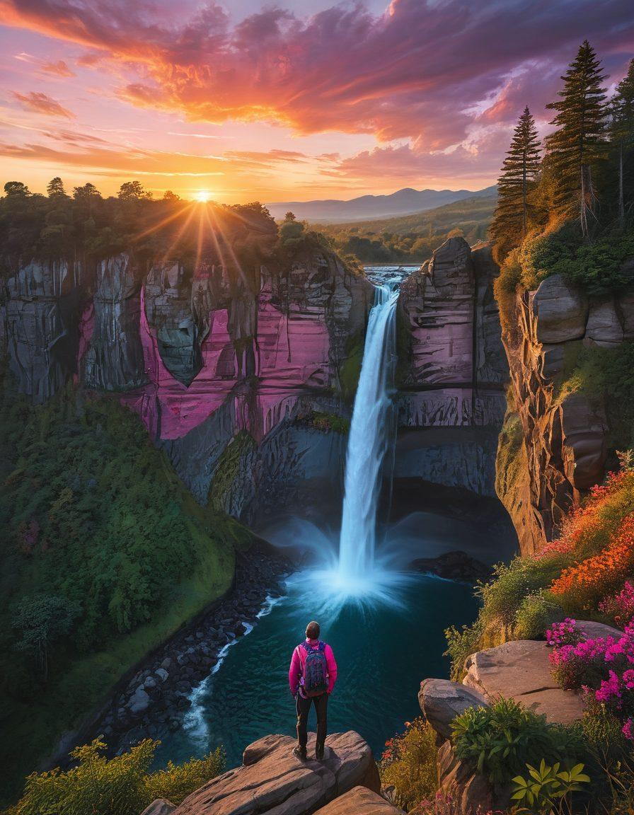 A breathtaking landscape featuring a hidden waterfall surrounded by lush greenery, with a traveler standing on a cliff edge, gazing out in awe. The sky is a blend of vibrant pink and orange hues during sunset, symbolizing adventure and wonder. Include a backpack and travel gear scattered nearby to evoke the spirit of exploration. super-realistic. vibrant colors. breathtaking scenery.