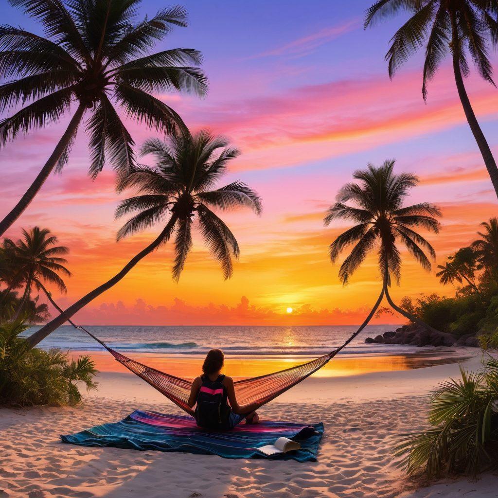 A breathtaking landscape featuring a tranquil beach at sunset, with vibrant hues of orange and pink in the sky. Include a silhouette of a traveler with a backpack gazing at the horizon, surrounded by lush palm trees and crystal-clear waters. Add elements like a hammock, travel guidebooks, and a local delicacy on a picnic blanket to evoke a sense of adventure and relaxation. vibrant colors. super-realistic.